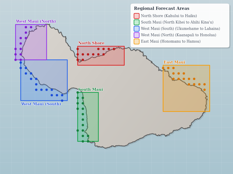 Map showing the five regional forecast areas around Maui with sampled grid points